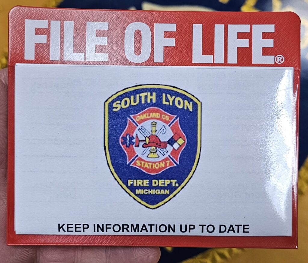 File of Life for South Lyon Fire Department.